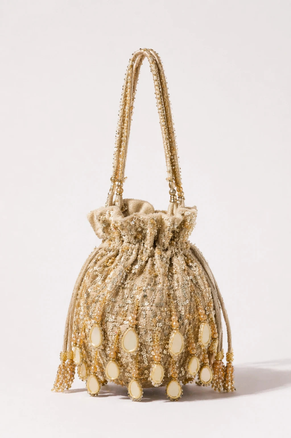 Mehfil Golden Potli Bag with handcrafted mirror work and bead embroidery