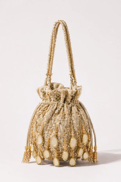 Mehfil Golden Potli Bag with handcrafted mirror work and bead embroidery
