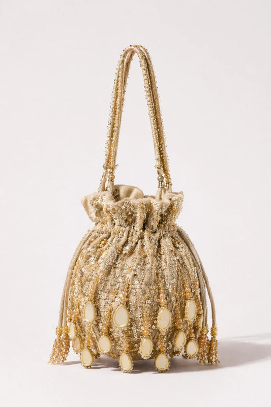 Mehfil Golden Potli Bag with handcrafted mirror work and bead embroidery