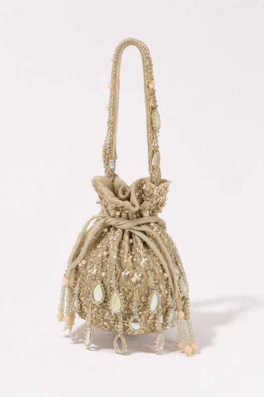 Mehfil Silver Potli Bag with handcrafted mirror work and sequin embroidery