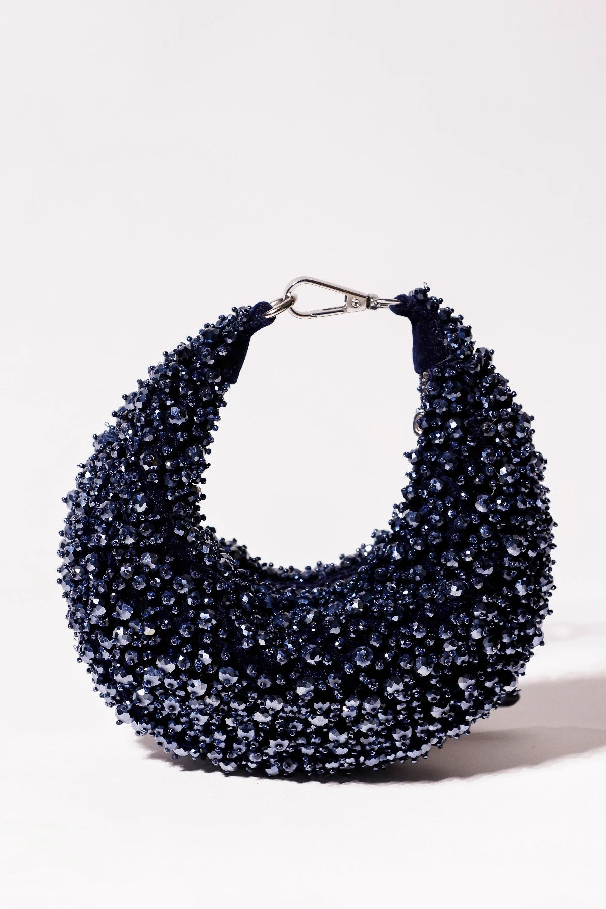 Midnight charcoal blue embellished hobo bag with handcrafted beadwork, ideal for weddings, cocktail parties, and festive occasions.