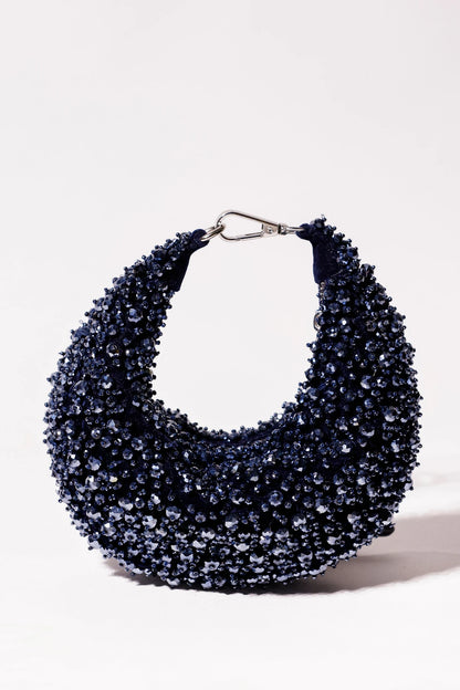 Midnight charcoal blue embellished hobo bag with handcrafted beadwork, ideal for weddings, cocktail parties, and festive occasions.