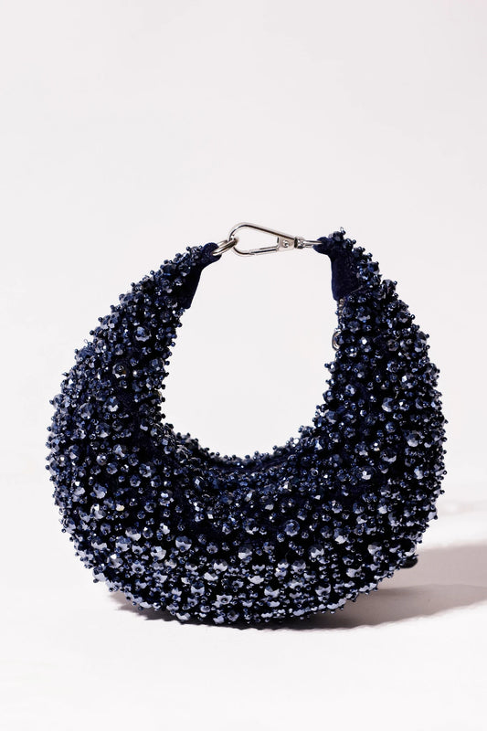Midnight charcoal blue embellished hobo bag with handcrafted beadwork, ideal for weddings, cocktail parties, and festive occasions.