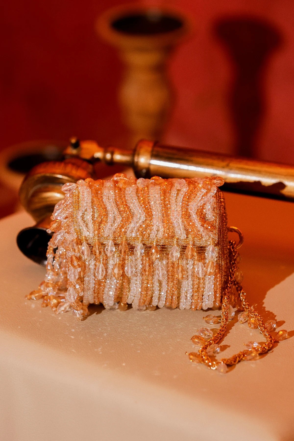 Stylish mini handbag with hand applied crystal embellishments