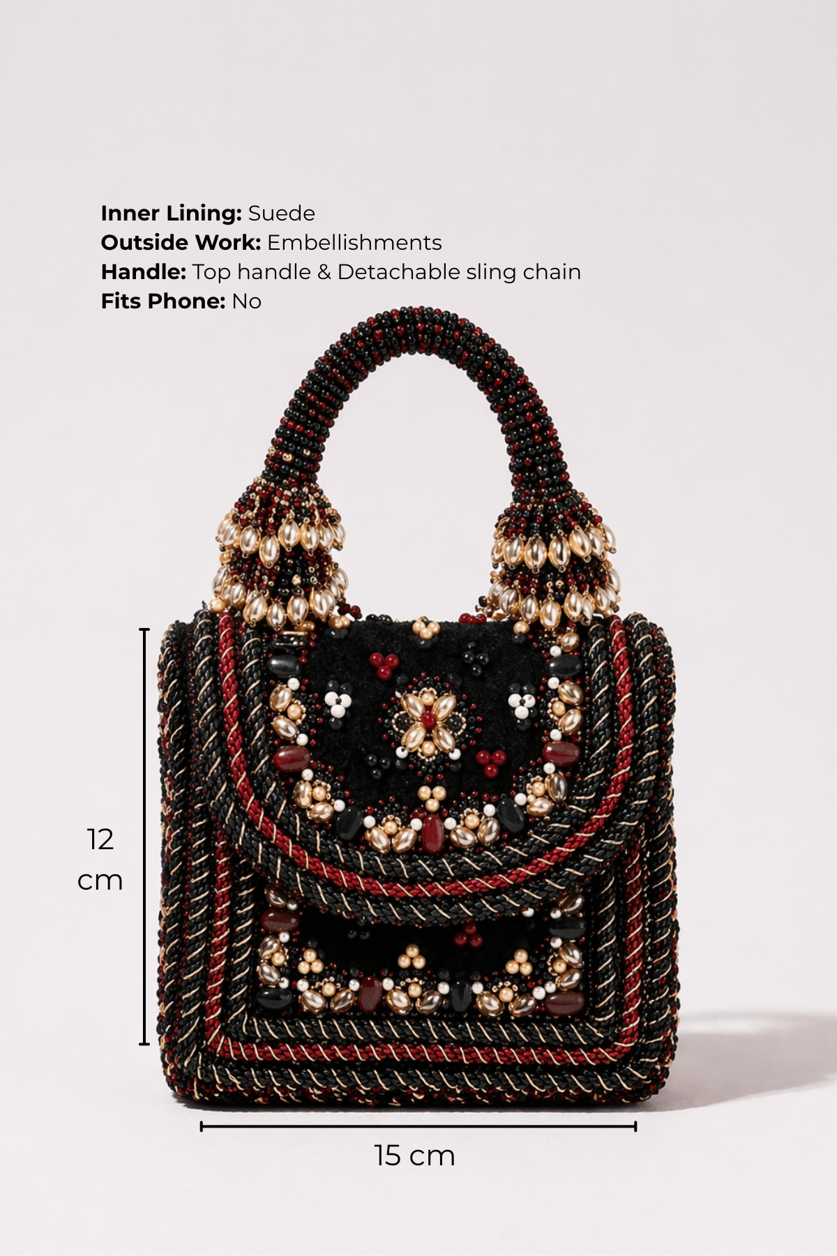 Mini handbag for women featuring ornate floral motifs and beadwork