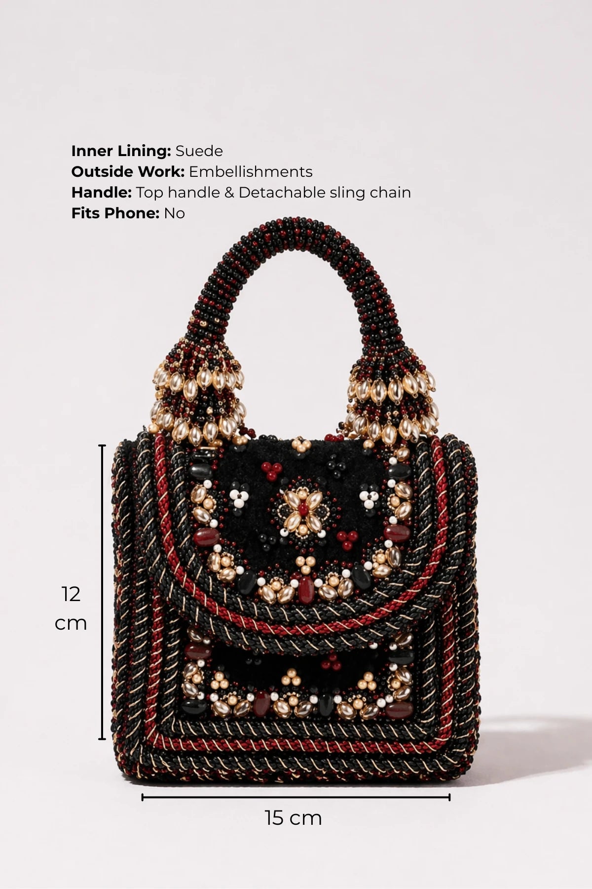 Mini handbag for women featuring ornate floral motifs and beadwork