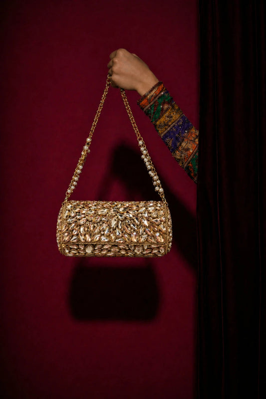 Mirror work wedding clutch bag in a luxurious gold finish