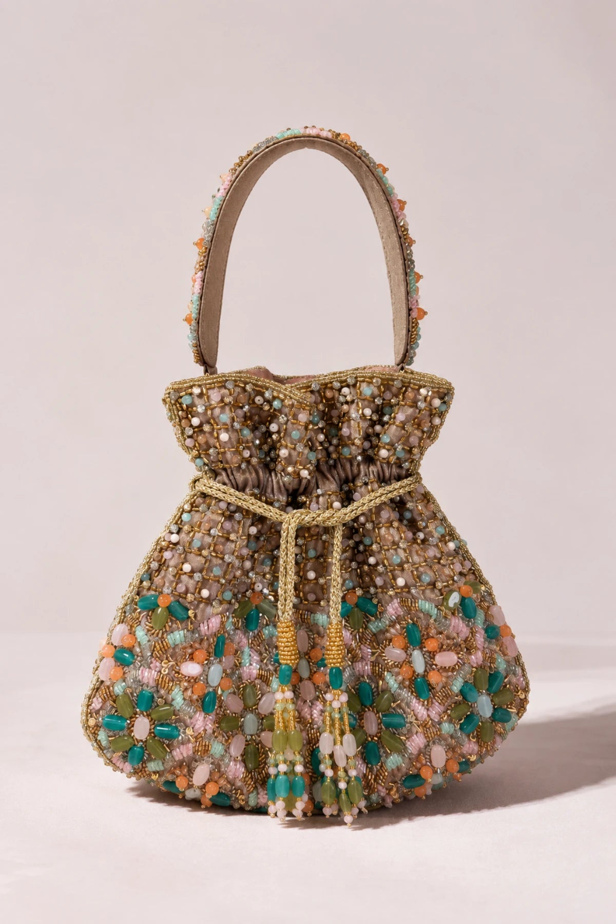 Close-up of Mosaic Drawstring Potli showcasing colourful mosaic-inspired beadwork and delicate stone detailing.