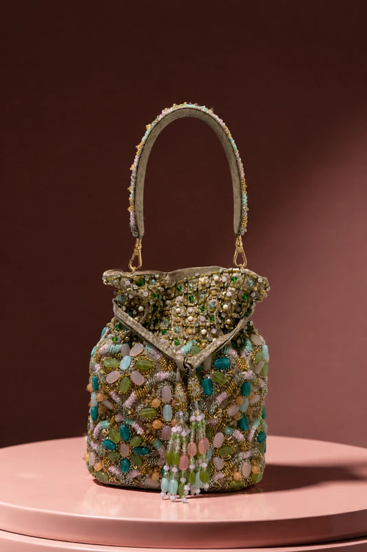 Mosaic Potli with colourful handcrafted beads, stones and floral embellishments