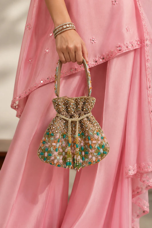 Designer multicolour potli bag with intricate handcrafted beads, stones and crystal embellishments.
