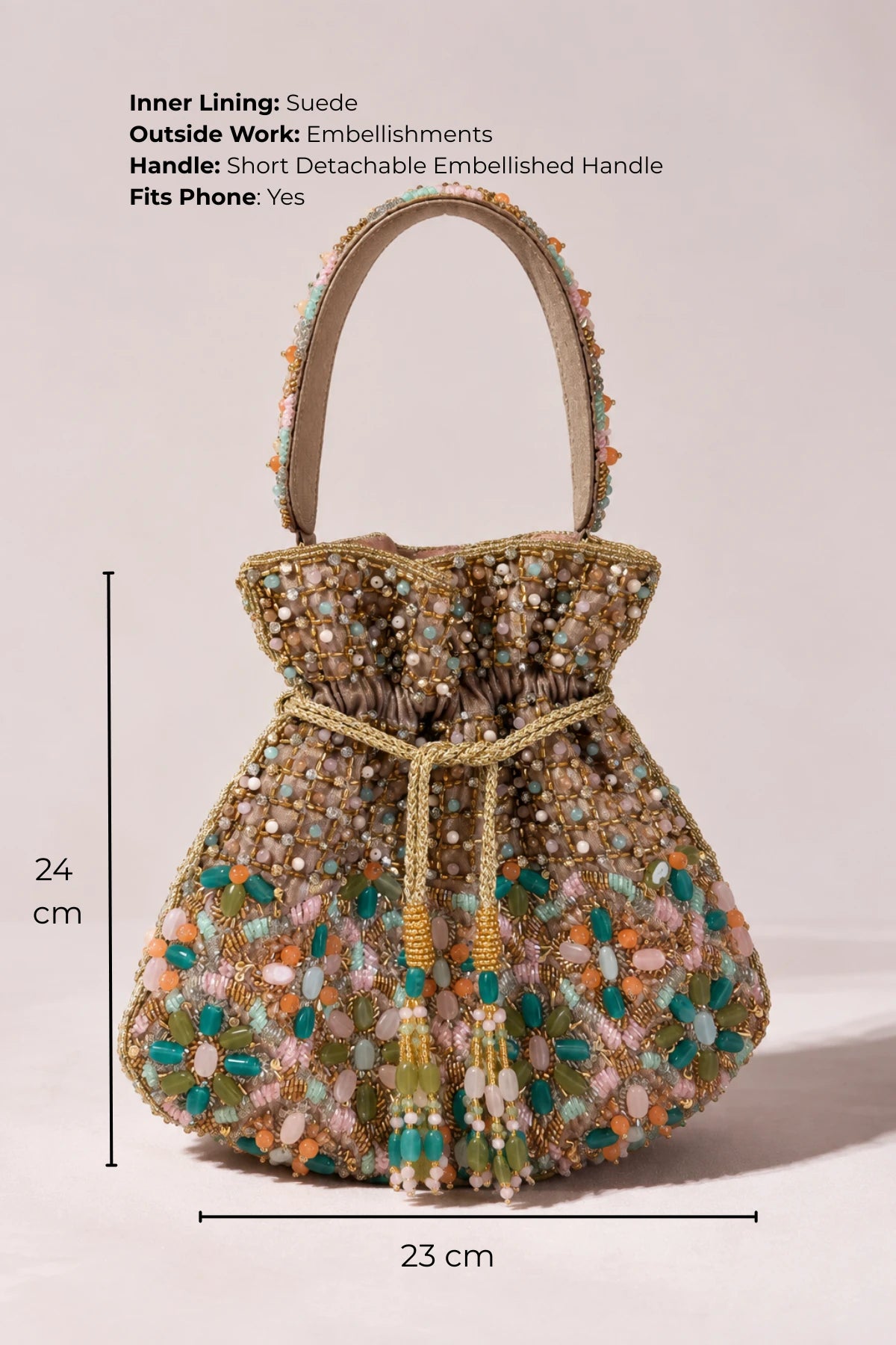 Statement multicolour wedding potli featuring intricate bead, stone and crystal embellishments.