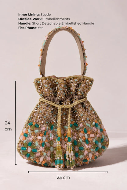 Statement multicolour wedding potli featuring intricate bead, stone and crystal embellishments.