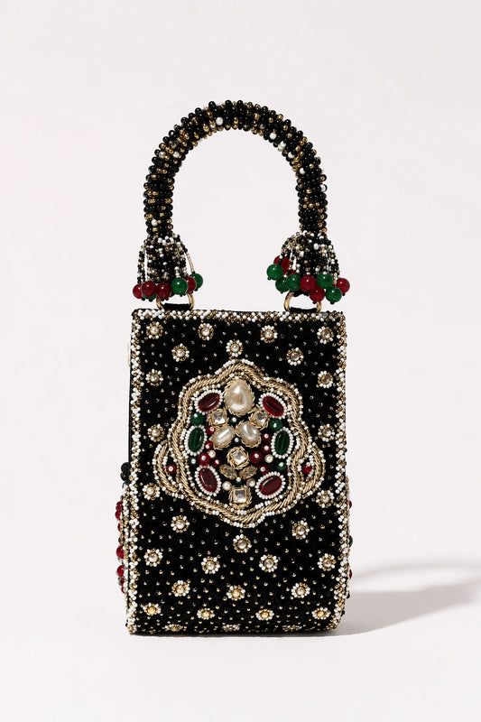 Nazaakat Black Clutch Bag with handcrafted bead embroidery