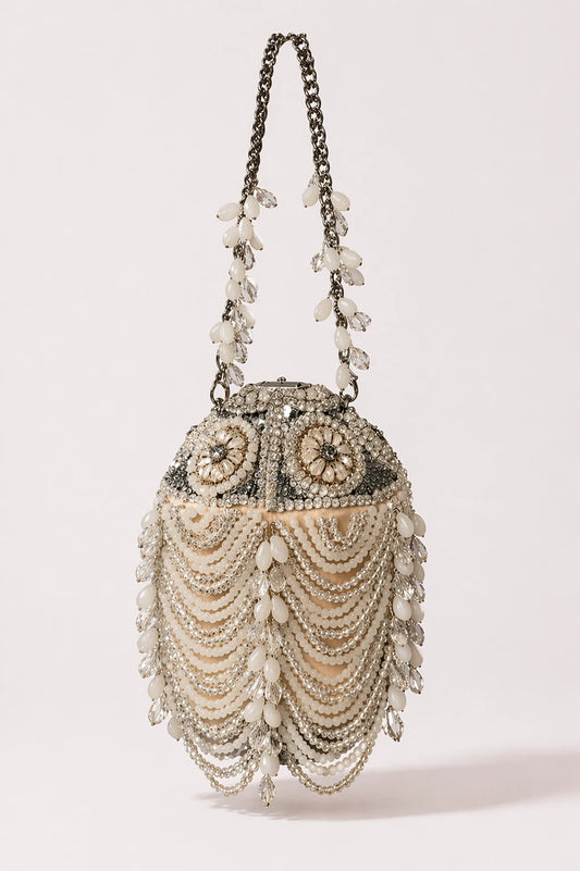 Noor Ivory Bucket Bag with handcrafted pearl beadwork, mirrors and crystal embellishments