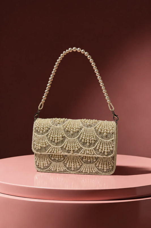 Ocean Pearl Shoulder Bag with handcrafted pearl and bead embellishments