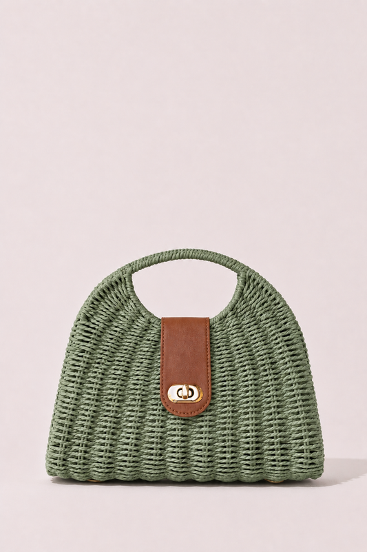 Olive Weave Tote Bag with handwoven texture and faux leather detailing