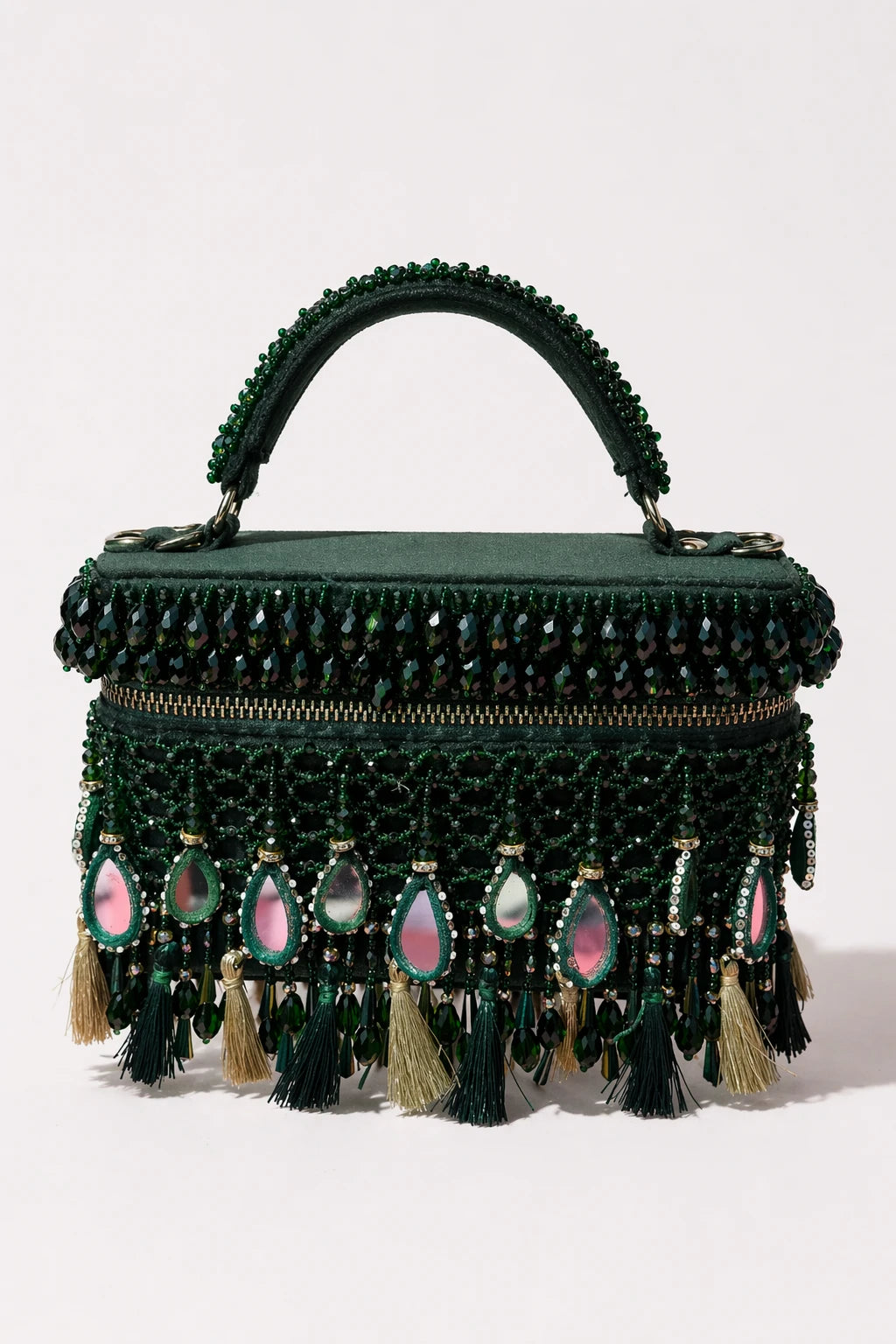 Padmavati Green Vanity Bag with mirror work and bead embellishments