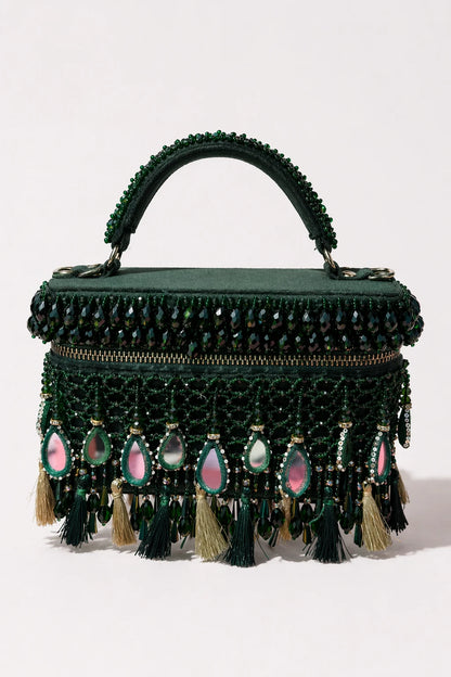 Padmavati Green Vanity Bag with mirror work and bead embellishments