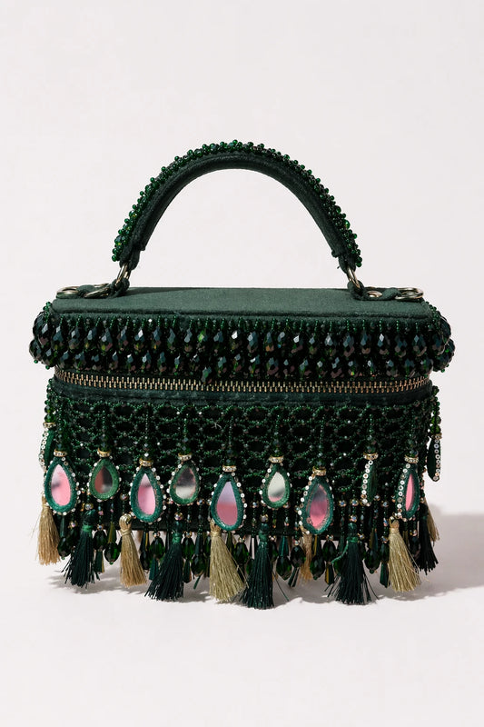 Padmavati Green Vanity Bag with mirror work and bead embellishments