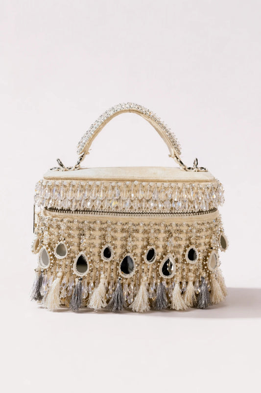Padmavati White Vanity Bag with handcrafted mirror embellishments