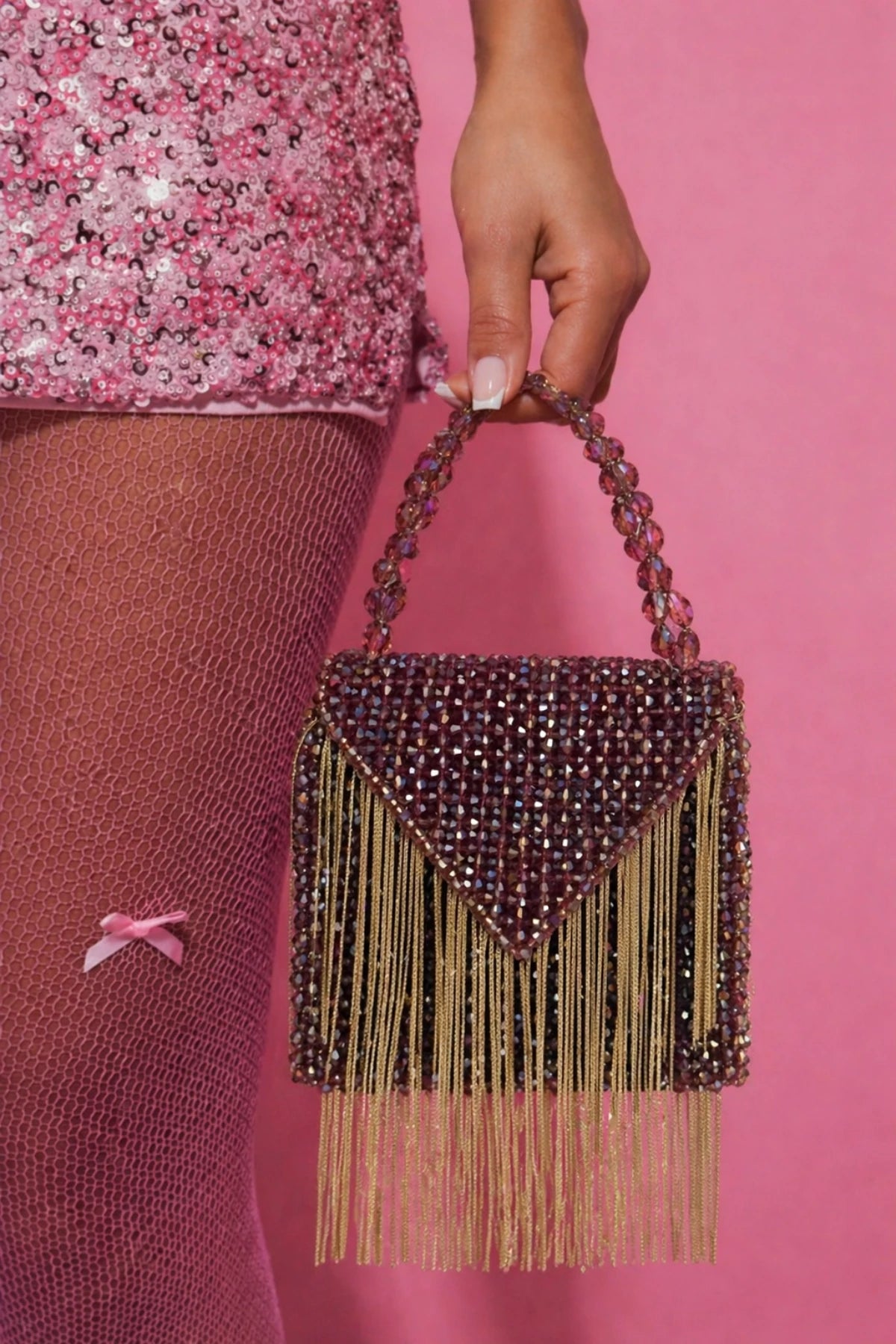 Pastel lilac mini bag paired with a summer vacation dress
