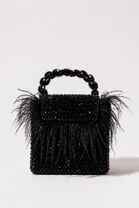 Peacock Black Mini Bag with handcrafted feather embellishments