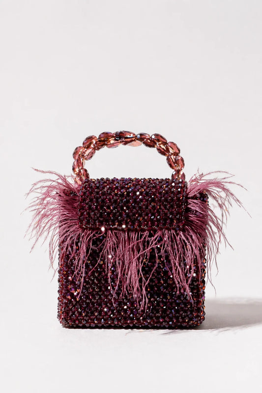 Peacock Lilac Mini Bag with handcrafted feather embellishments
