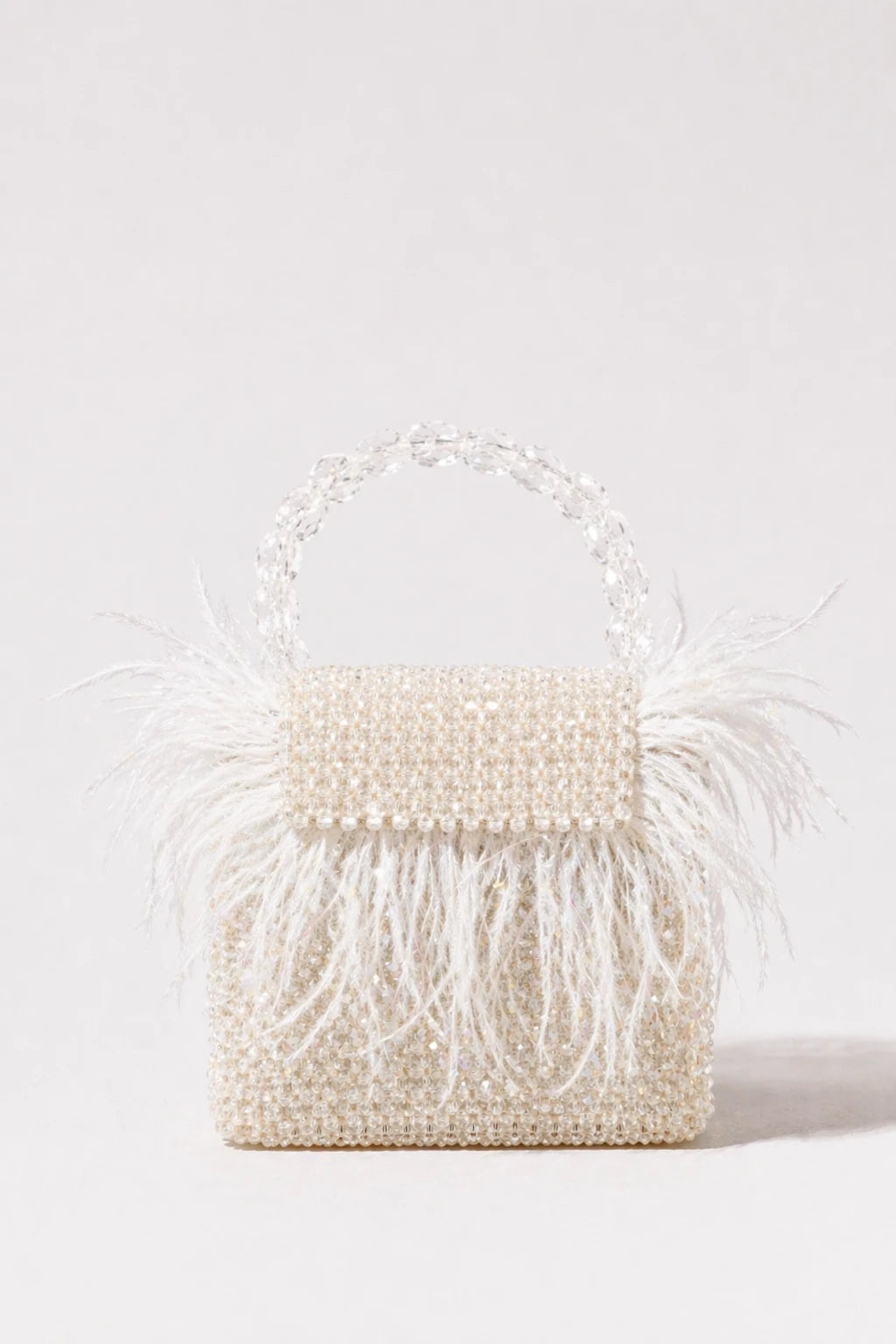 Peacock White Mini Bag with handcrafted feather embellishments