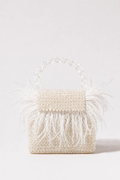 Peacock White Mini Bag with handcrafted feather embellishments