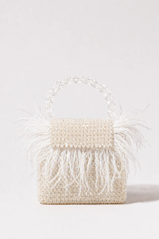 Peacock White Mini Bag with handcrafted feather embellishments