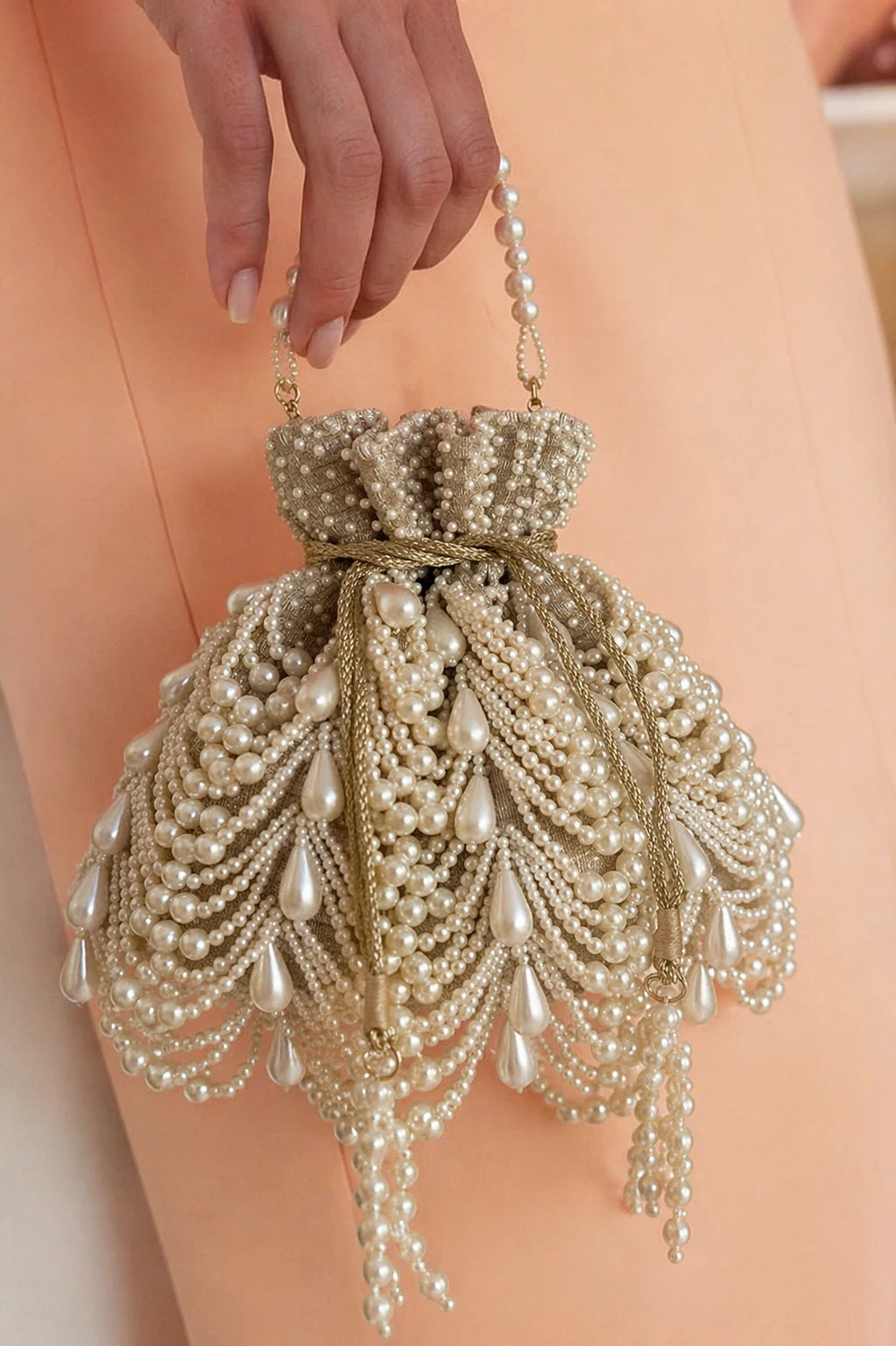 Pearl embellished potli bag with handcrafted bead detailing