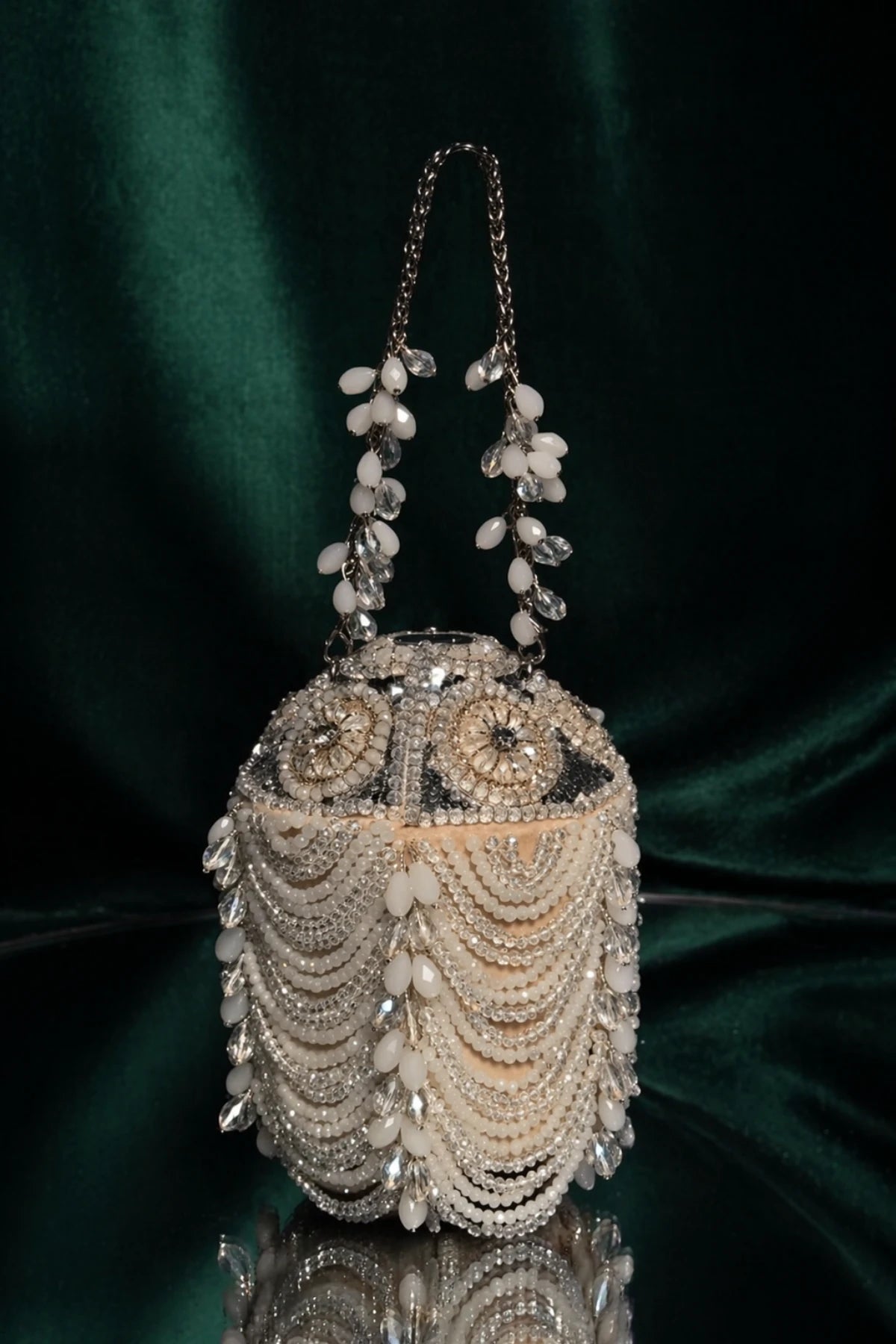 Luxury pearl and mirror embellished ivory bucket bag