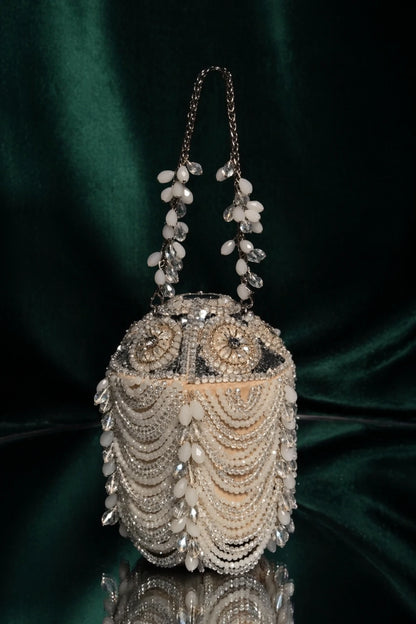 Luxury pearl and mirror embellished ivory bucket bag