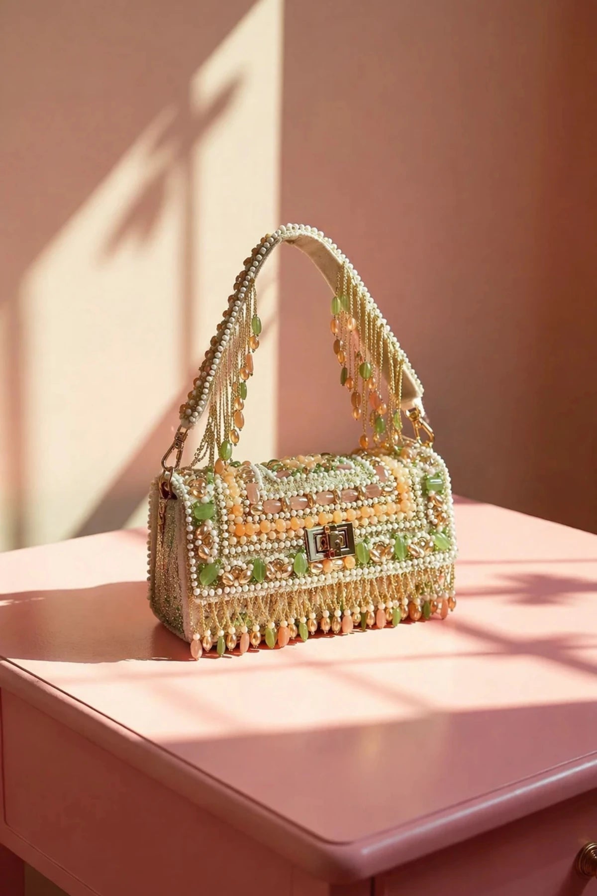 Pearl wedding bag for bride with gemstone detailing and beaded accents