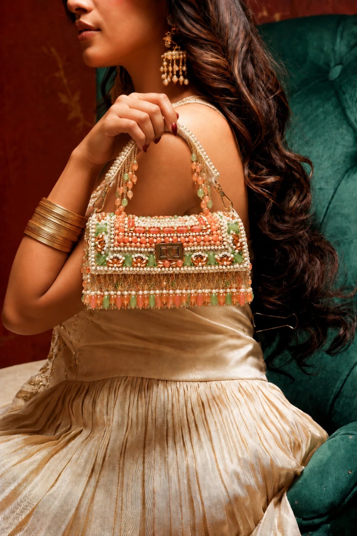 Pearl wedding handbag for women with handcrafted pearl embroidery