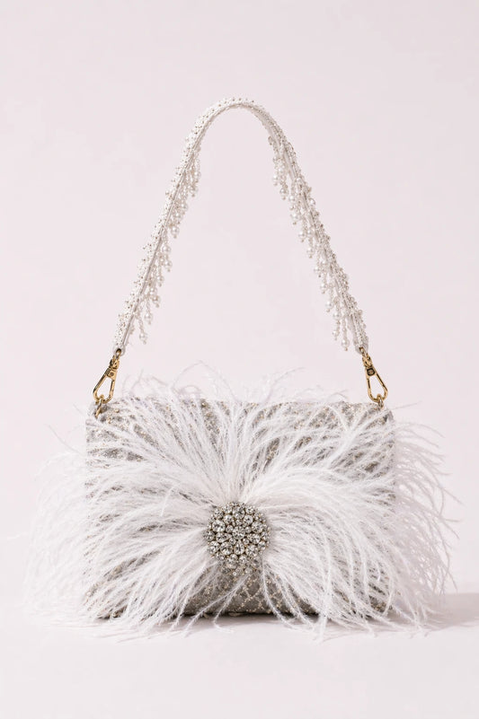 Plume Grey Shoulder Bag with handcrafted feather embellishments