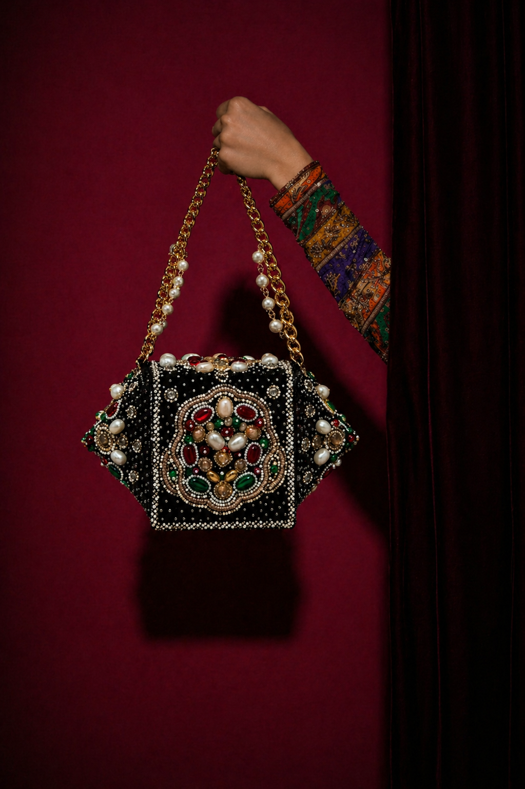 Potli bag for wedding occasions featuring jewel toned embellishments