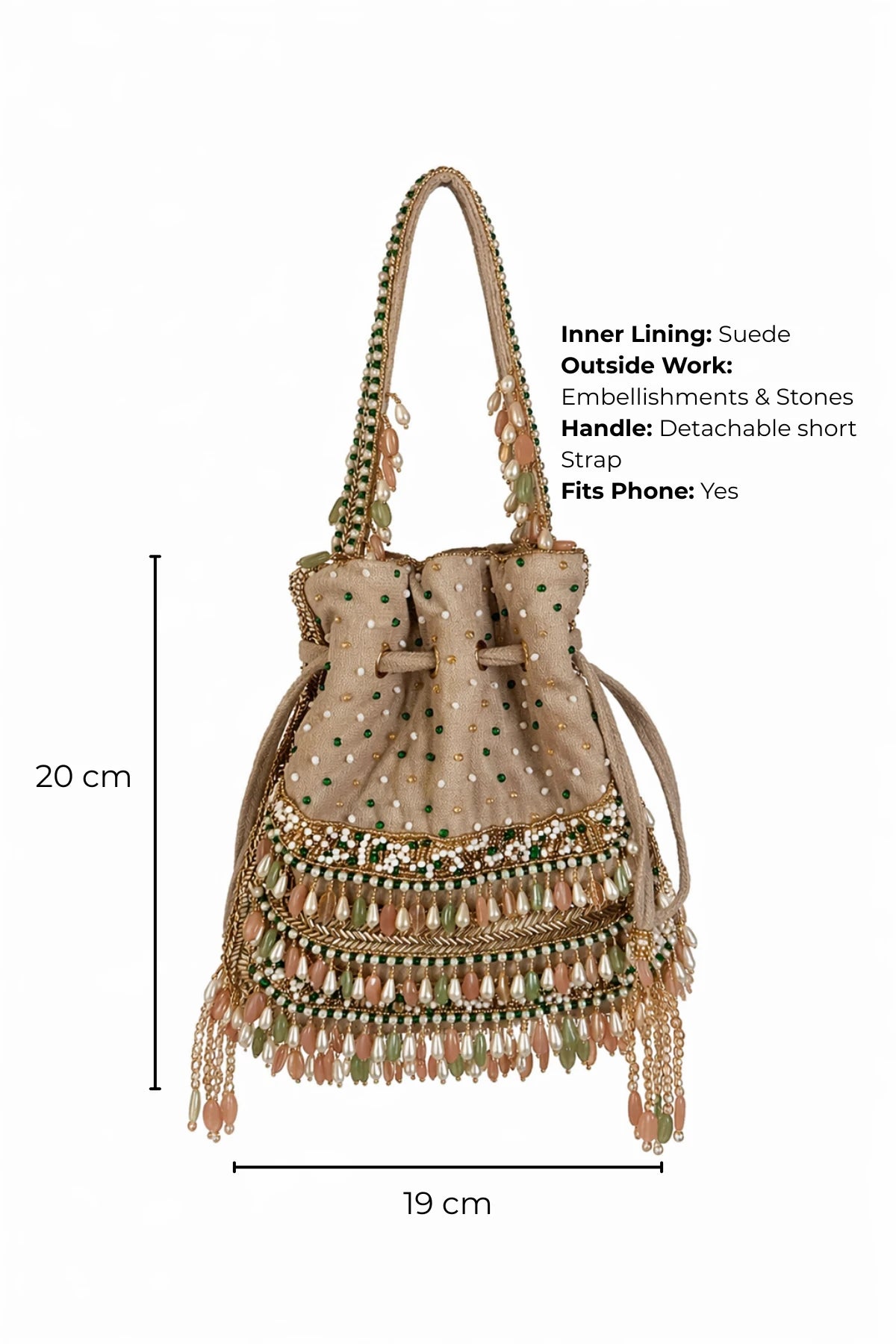 Potli bag for wedding celebrations featuring handcrafted pearl detailing