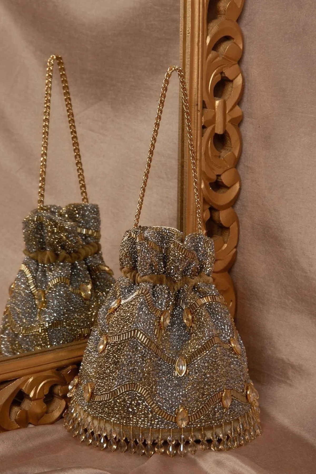 Potli bag for wedding reception featuring handcrafted bead embroidery