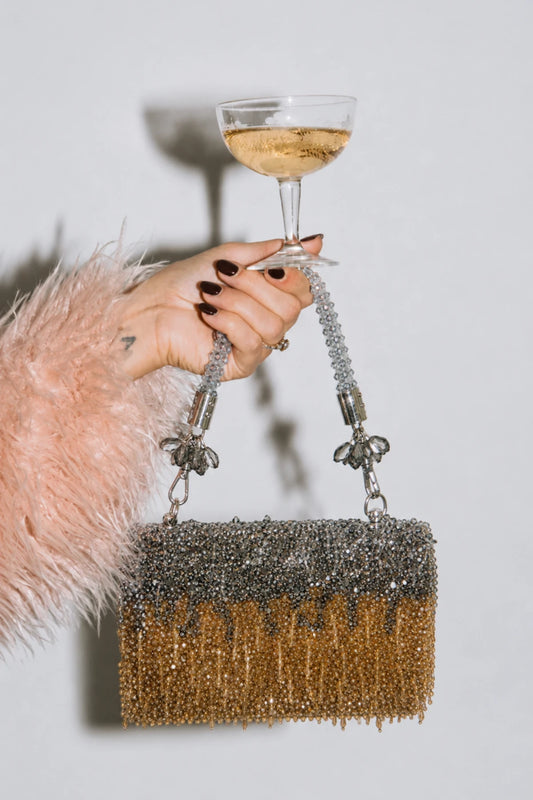 Prosecco Clutch with handcrafted silver and gold-toned bead embellishments