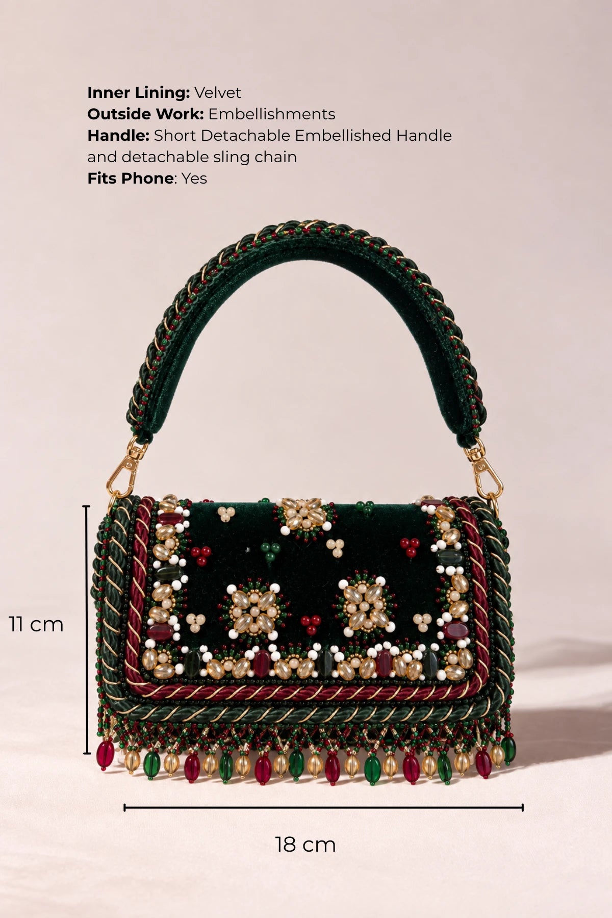 Regal Green Big Bag featuring a detachable embellished handle and richly detailed deep green fabric exterior.