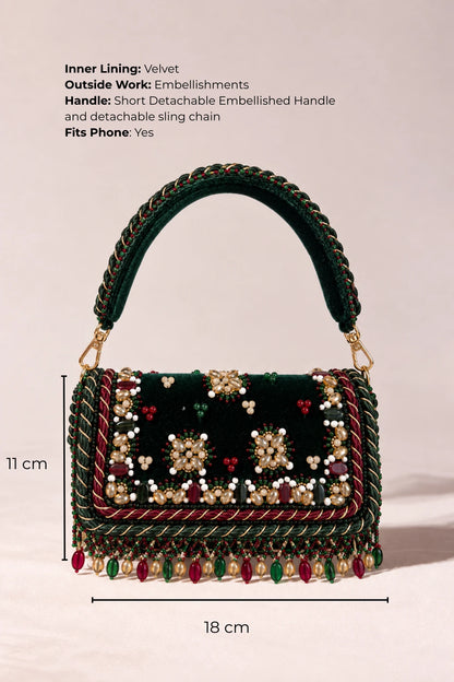 Regal Green Big Bag featuring a detachable embellished handle and richly detailed deep green fabric exterior.
