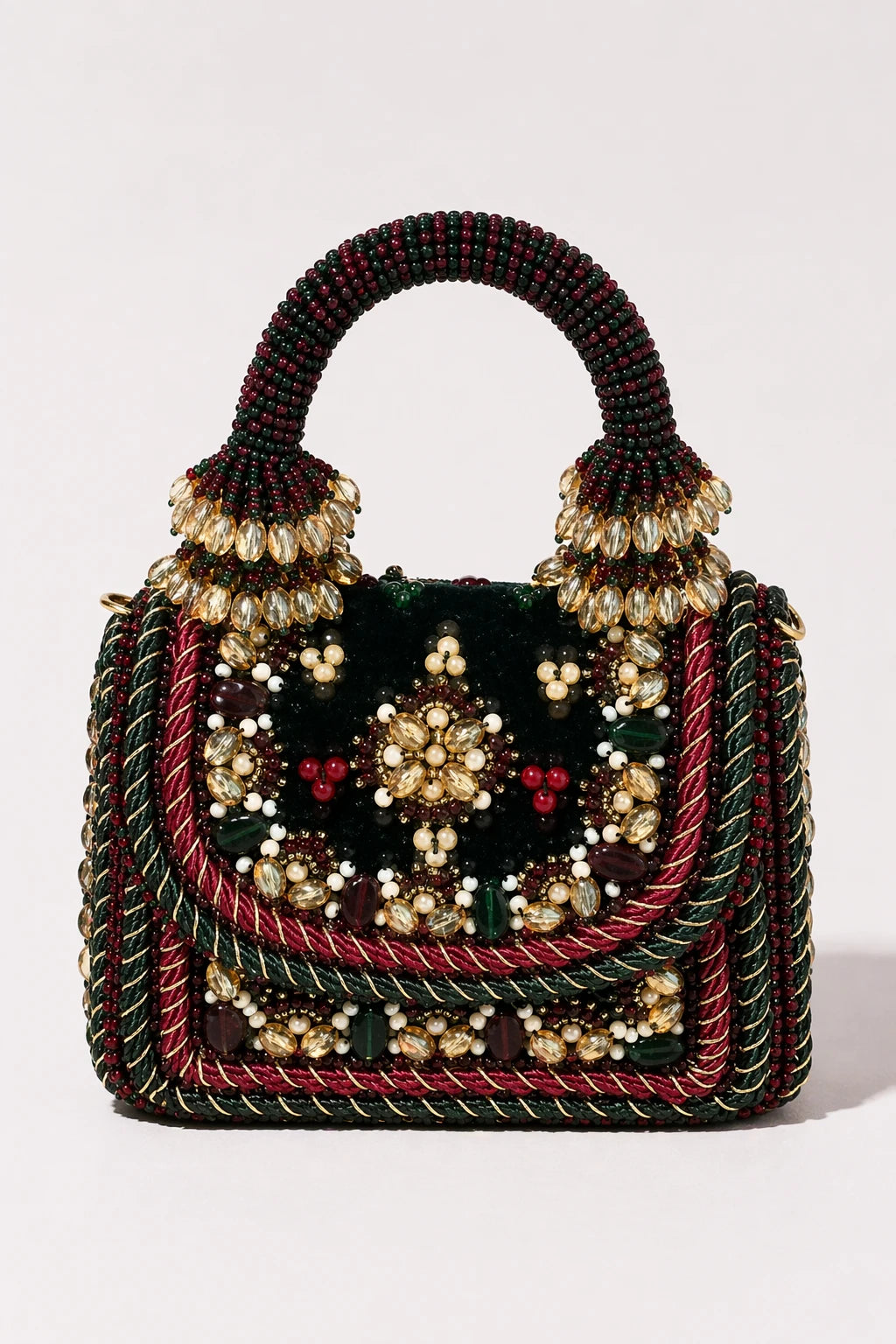 Regal Green mini handbag for women with emerald beadwork