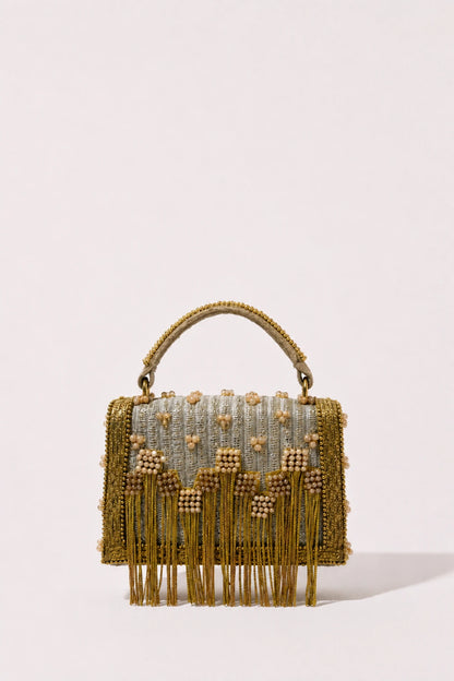Reva Mini Bag with handcrafted floral beadwork and golden fringe