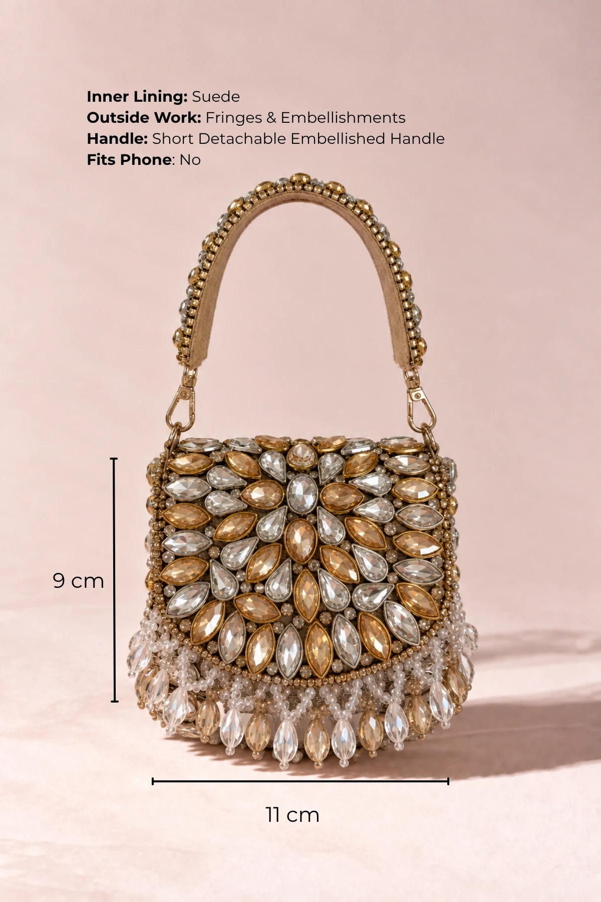 Roop Kundan Golden & Silver Mini Bag featuring a detachable embellished handle and sparkling stone detailing.