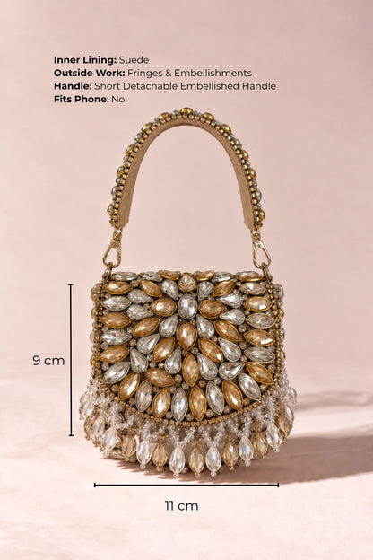 Roop Kundan Golden & Silver Mini Bag featuring a detachable embellished handle and sparkling stone detailing.