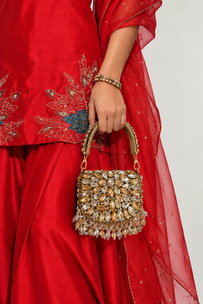 Roop Kundan Golden & Silver Mini Bag featuring intricate gold and silver kundan-inspired stonework with sparkling crystal accents.
