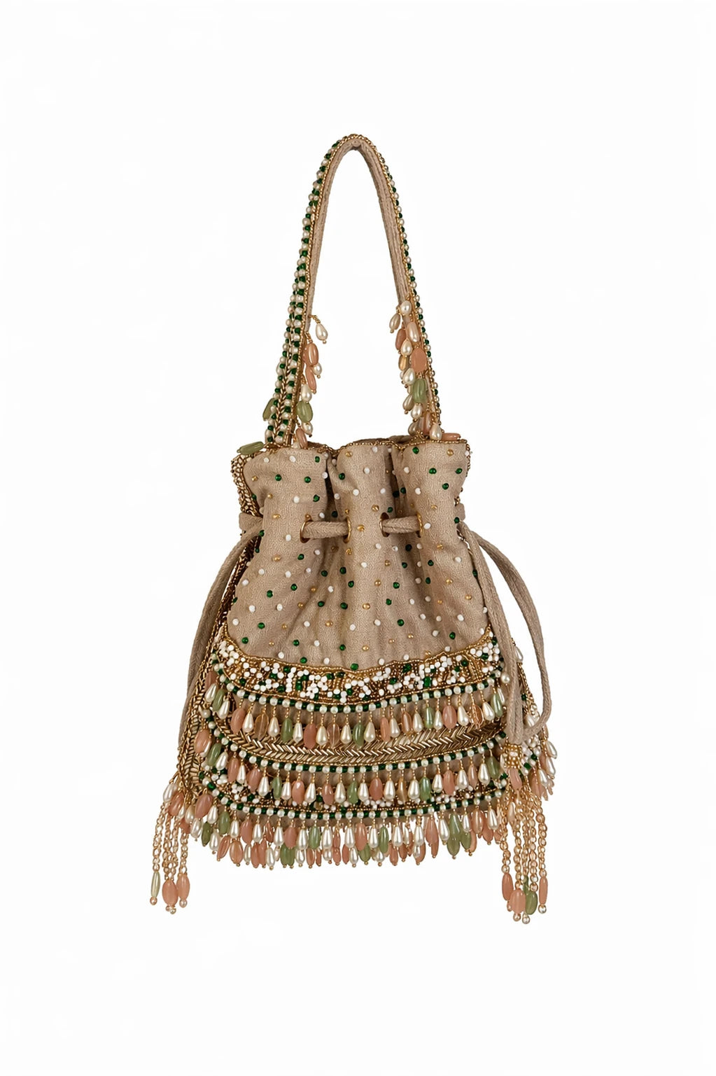 Rosé Drape wedding potli bag for women with pearl embellishments