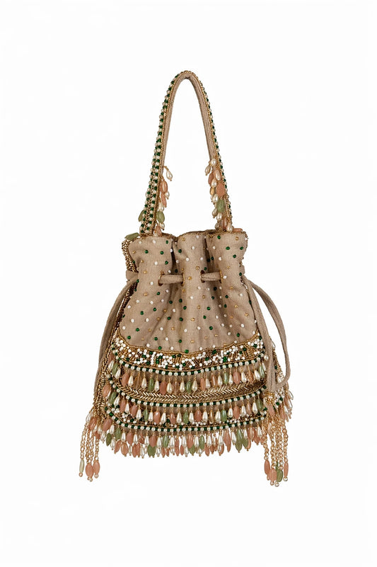 Rosé Drape wedding potli bag for women with pearl embellishments