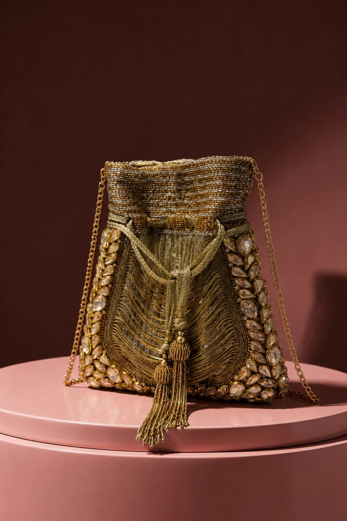 Ruhani Golden Potli with handcrafted gold beadwork and crystal detailing